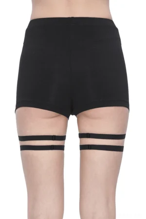 Black gothic garter shorts back view showing elastic thigh bands and high-waisted silhouette
