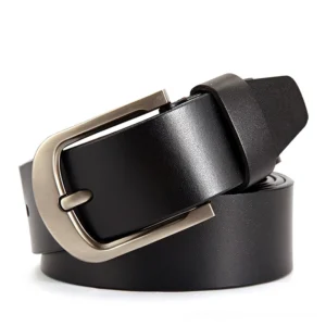 Black genuine cowskin gothic belt with metal pin buckle, front 3/4 view showing full length and hardware detail
