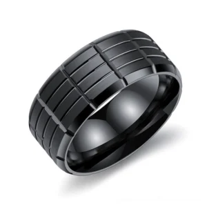 Black geometric grid stainless steel gothic ring with polished surface on white background