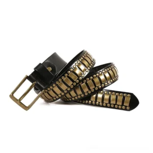 Black geometric rivet studded leather belt with bronze mixed studs - flat lay oblique angle view
