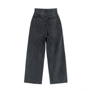 Back view of black ghost print wide leg jeans showing rear pockets and high waist construction flat lay