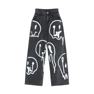 Black wide leg denim jeans with white ghost print design displayed flat front view on plain background