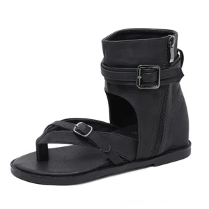 Black gothic gladiator wedge sandals with ankle buckle strap and side zipper, three-quarter front view