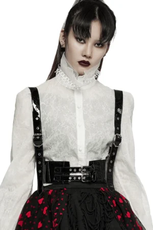 Black glossy PU leather gothic corset belt with dual metal buckles worn by female model, front view