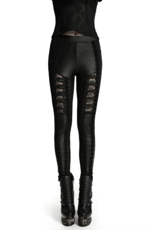 Black glossy gothic leggings with lace-spliced thigh cutouts, rear lower-body view showcasing intricate lace details and faux leather finish