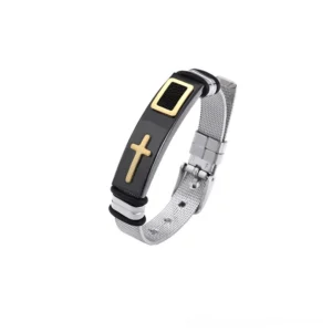 Black and gold stainless steel gothic cross mesh bracelet with polished gold cross emblem front display