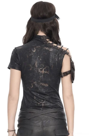 Gothic t-shirt rear view showing lace cutout shoulder straps and leather back pocket details