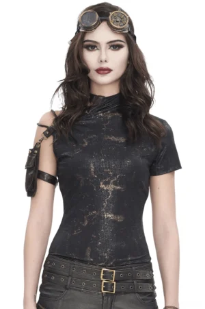 Black and gold steampunk gothic t-shirt front view on model - mock neckline and metallic bronze print detail