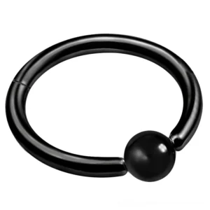 Matte black hinged segment nose hoop ring with spherical bead closure, front flat lay view