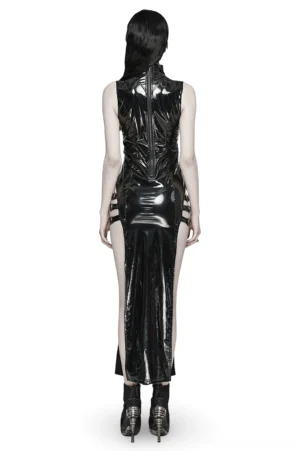 Black faux leather goth dress back view showing exposed metal zipper and rear slit detail