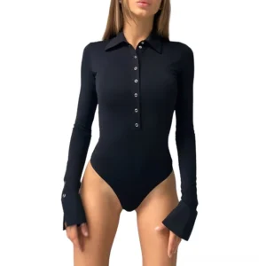 Black long sleeve button romper gothic bodysuit full body front view on model showing slim fit silhouette and snap button placket