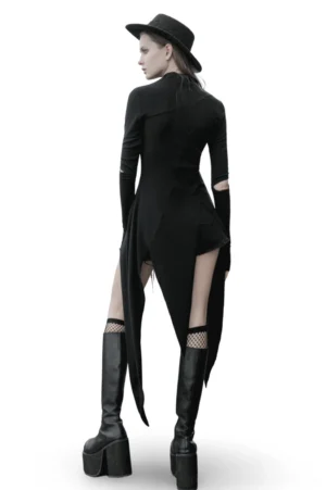 Black asymmetric gothic knit dress - back view on model displaying sleeve cutouts and extended asymmetrical hem