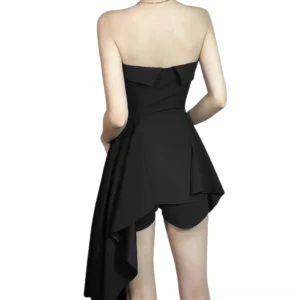 Black asymmetrical gothic dress backless design back view with built-in shorts