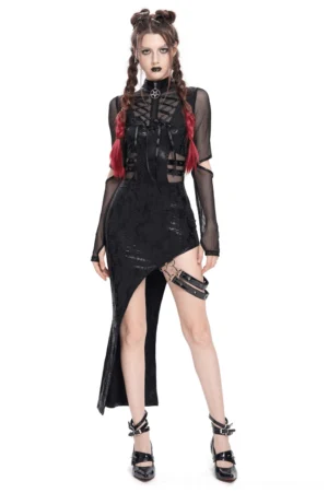 Black asymmetrical gothic dress front view with sheer mesh sleeves, lace-up bodice, and high thigh slit on female model with twin braids