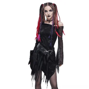 Black asymmetrical gothic dress with mesh sleeves and occult print, front view on model with colored braids
