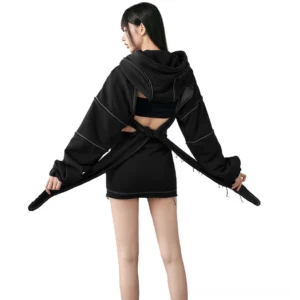 Black backless gothic hoodie back view on model featuring tie-back closure and oversized bishop sleeves