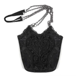Front flat lay of black gothic bucket bag featuring dual-chain shoulder strap and floral guipure lace details