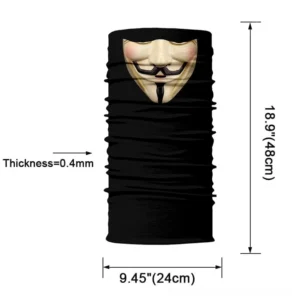 Black seamless ruched neck gaiter with Guy Fawkes mask print – flat lay product display showing texture detail