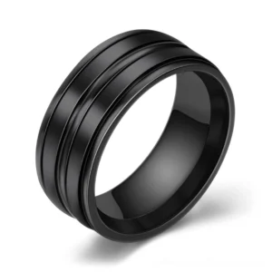 Black stainless steel minimalist gothic band ring with dual-groove polished surface, front oblique view