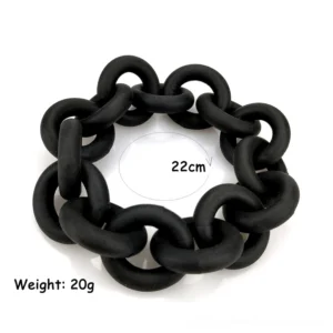 Handmade black rubber chain bangle displayed with measurements showing 22cm circumference and 20g weight, flat lay product shot