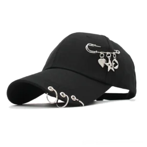 Black gothic punk baseball cap with metal ring piercing and chain accents - front view
