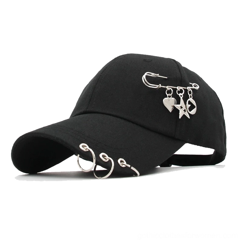 Black gothic punk baseball cap with metal ring piercing and chain accents - front view