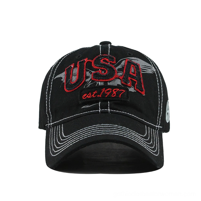 Black USA baseball cap with red 3D embroidery and established 1987 tag, front view gothic style
