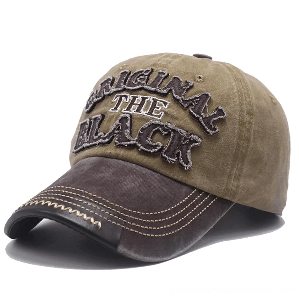 Pure black distressed goth baseball cap classic dark aesthetic essential piece