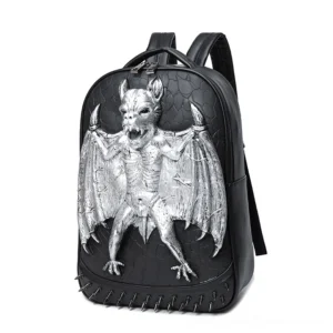 Black Gothic Bat Backpack with Silver Embossed Bat Emblem, Studded Rivet Trim, and Waterproof PU Leather - Front View