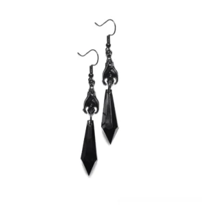 Matte black gothic bat spike drop earrings with faceted teardrop pendants, top-down flat lay view showing intricate metal hardware
