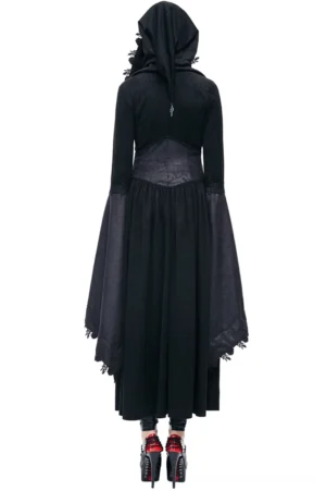 Black gothic batwing coat back view showing red satin hood lining, cross charm pendant, and intricate lace trimming details