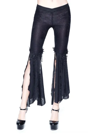 Black gothic bell-bottom flare pants with bilateral side slits and bead chain pendants, front three-quarter view on model