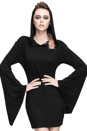 Black hooded bell sleeve gothic mini dress worn by model, front view showing fitted silhouette and draped hood
