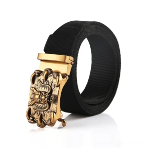 Black nylon gothic belt featuring intricate bronze dragon buckle and secure automatic mechanism