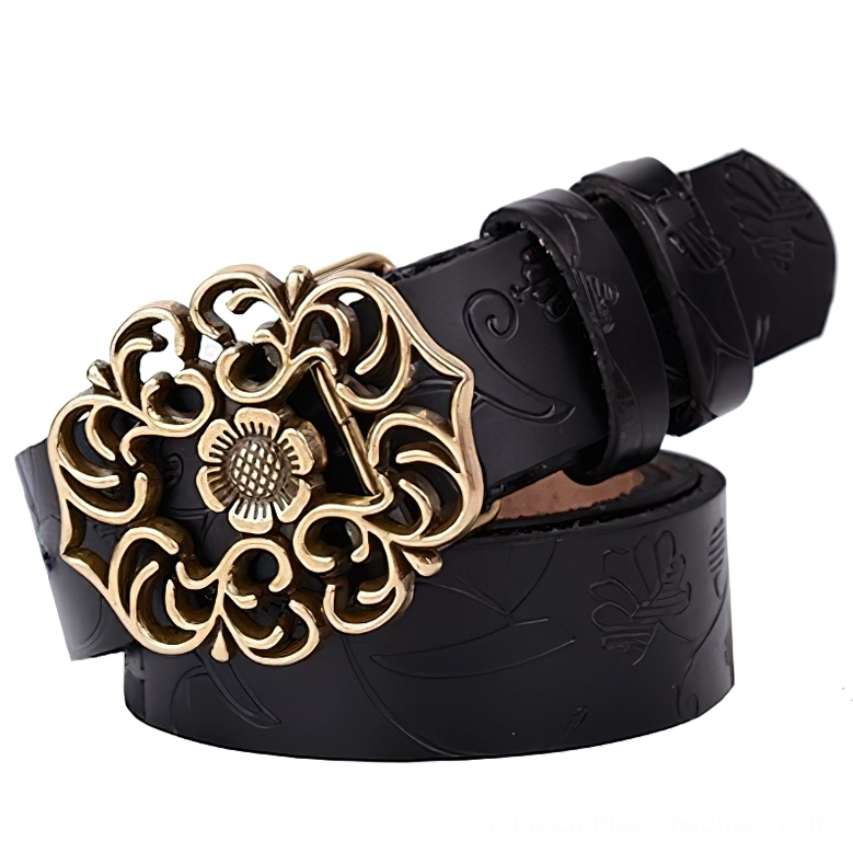 Black genuine leather gothic waist belt with embossed floral details and polished bronze decorative pin buckle, side angled view