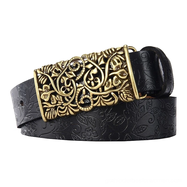 Folded black genuine leather gothic belt displaying hollow flower buckle design from above