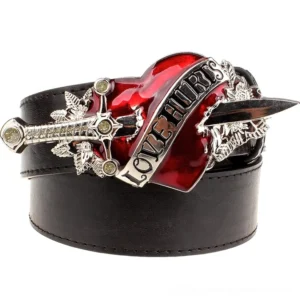Black gothic leather belt with heart and dagger buckle featuring Love Hurts text, front view on white background
