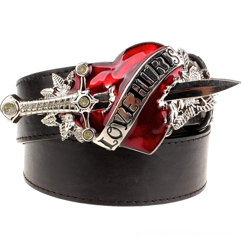 Black gothic leather belt with heart and dagger buckle featuring Love Hurts text, front view on white background