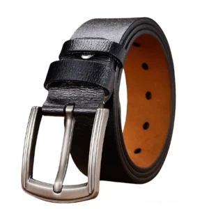 Black gothic leather belt with brushed silver metal buckle, side view on white background, showing pebbled texture and tan inner lining