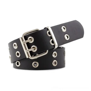 Black gothic PU leather belt with silver pin buckle and metal eyelets, flat lay studio shot