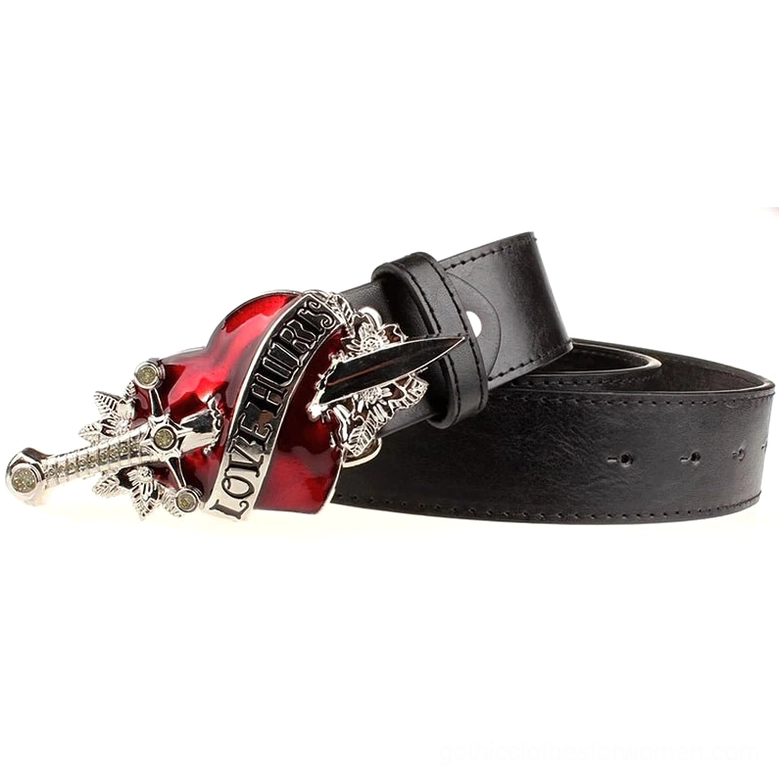 Black gothic leather belt side profile showing strap texture, metal buckle design, and adjustment holes