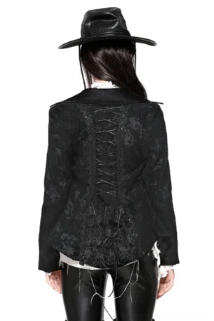 Black gothic blazer back view on model displaying lace-up corset-style back design and tailored silhouette