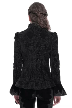 Black gothic velvet jacket back view, full embroidered pattern and lace-trimmed bell sleeves on female model
