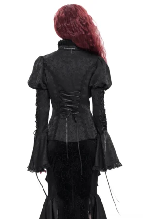 Back View of Black Gothic Lace-Up Corset Blouse with Puffed Sleeves and Jacquard Fabric