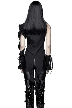 Black gothic blouse back view showing asymmetrical hemline and fitted silhouette with arm cuffs