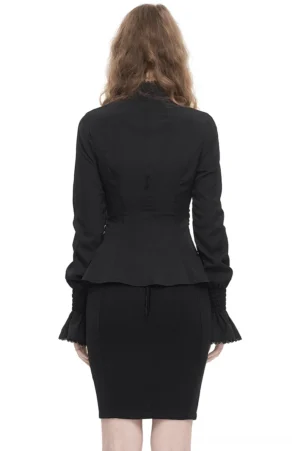 Back view of black victorian gothic fitted blouse featuring peplum hem, high stand collar with lace trim, and seam-tailored construction for contoured silhouette
