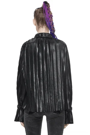 Back view of black pleated gothic blouse showing full pleated fabric design and long ruffle sleeves on model with purple braided hair