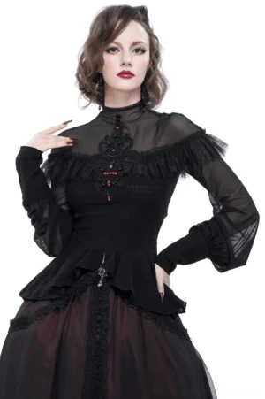 Black sheer gothic blouse with beaded lace appliqué front detail, modeled from front showing transparent lantern sleeves and asymmetric peplum hem