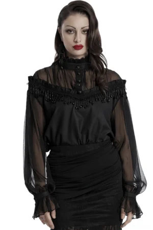 Black off-shoulder gothic blouse with beaded tassel lace trim and sheer lantern sleeves - front full view on model