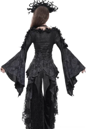 Back view of gothic black blouse showing corset-style lace-up back, dramatic bell sleeves, and layered handkerchief hem